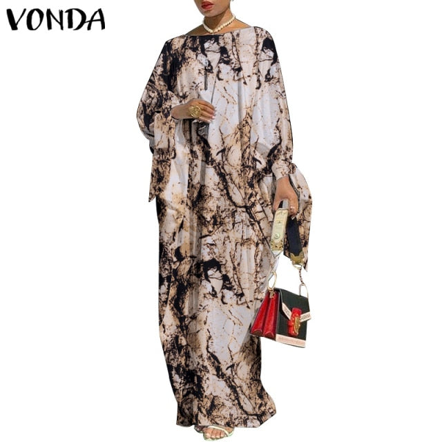 VONDA Vintage Maxi Robe Printed Long Party Dress for Women