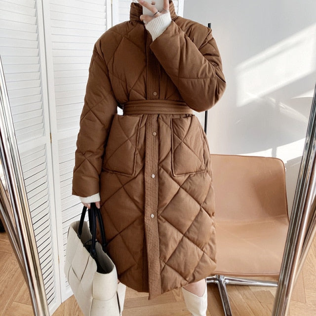 2021 Winter New Korean Style Long Cotton-padded Coat Women's Casual Stand-up Collar Argyle Pattern Oversized Parka Chic Jacket