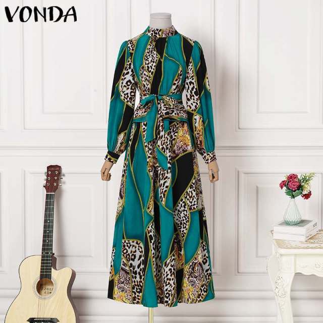 Bohemian Maxi Dress VONDA 2021 Women Sundress Vintage Puff Sleeve Printed Party Long Dress Casual Vestido Robes Longue Oversized