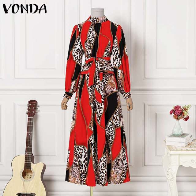 Bohemian Maxi Dress VONDA 2021 Women Sundress Vintage Puff Sleeve Printed Party Long Dress Casual Vestido Robes Longue Oversized