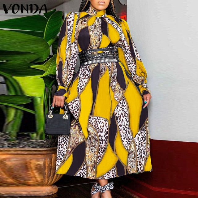 Bohemian Maxi Dress VONDA 2021 Women Sundress Vintage Puff Sleeve Printed Party Long Dress Casual Vestido Robes Longue Oversized