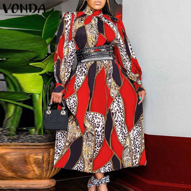 Bohemian Maxi Dress VONDA 2021 Women Sundress Vintage Puff Sleeve Printed Party Long Dress Casual Vestido Robes Longue Oversized