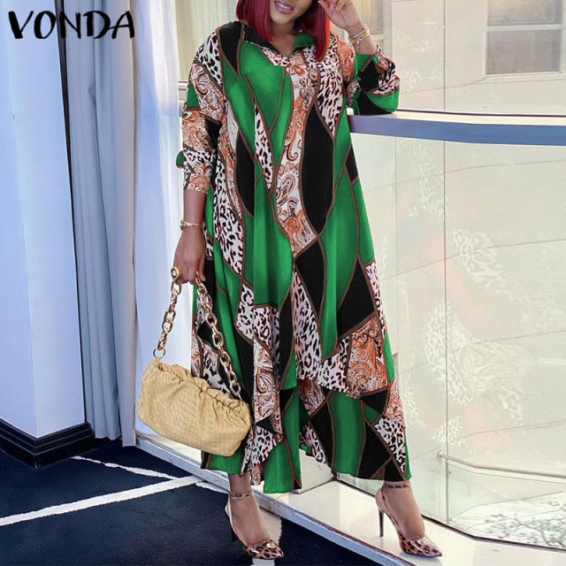 Bohemian Maxi Dress VONDA 2021 Women Sundress Vintage Puff Sleeve Printed Party Long Dress Casual Vestido Robes Longue Oversized