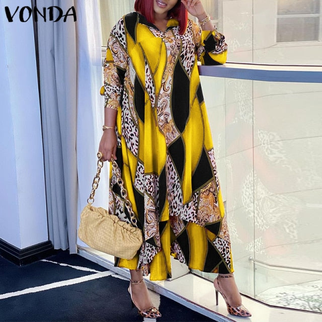 Bohemian Maxi Dress VONDA 2021 Women Sundress Vintage Puff Sleeve Printed Party Long Dress Casual Vestido Robes Longue Oversized