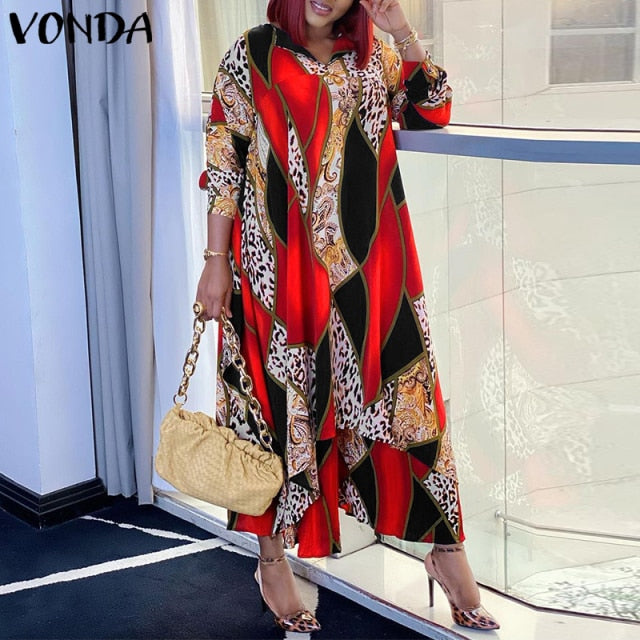 Bohemian Maxi Dress VONDA 2021 Women Sundress Vintage Puff Sleeve Printed Party Long Dress Casual Vestido Robes Longue Oversized