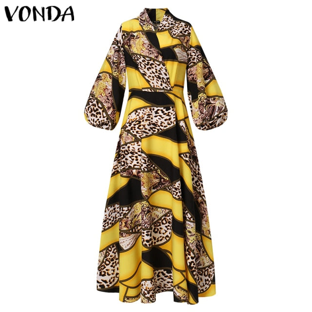 VONDA Women Long Maxi Dress 2021 Autumn Vintage Leopard Printed Sexy Lantern Sleeve Bohemian Vestidos Oversized Beach Sundress