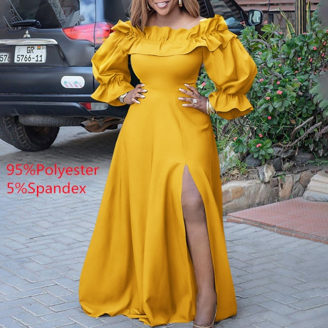 Off Shoulder Maxi Dress 2021 VONDA Women Vintage Long Sleeve High Slit Party Ruffled Dress Casual Vestido Oversized Robe Femme