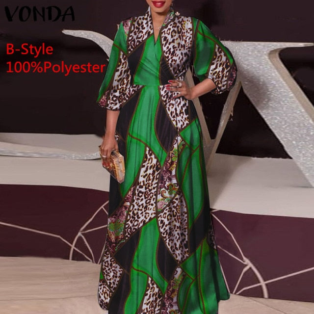 2021 VONDA Women Dress Spring Long Sleeve Party Maxi Long Dress Vintage Leopard Print Party Vestido Oversized Casual Robe Femme