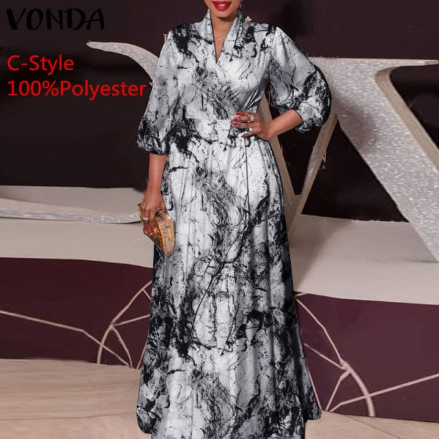 2021 VONDA Women Dress Spring Long Sleeve Party Maxi Long Dress Vintage Leopard Print Party Vestido Oversized Casual Robe Femme