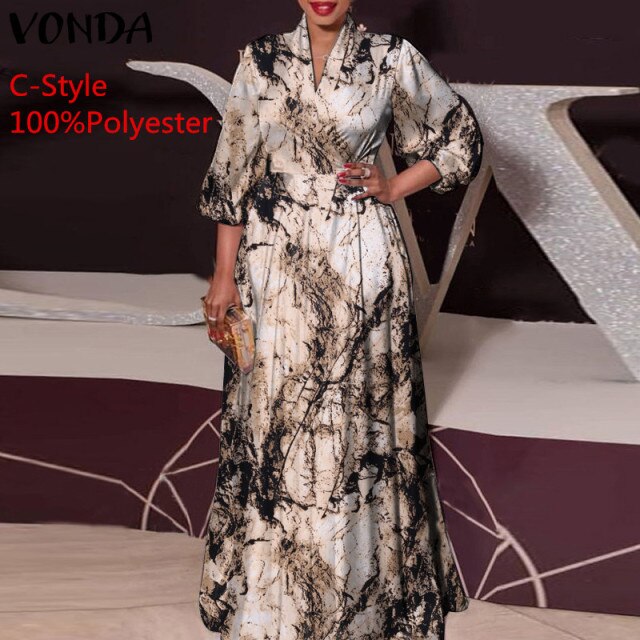 2021 VONDA Women Dress Spring Long Sleeve Party Maxi Long Dress Vintage Leopard Print Party Vestido Oversized Casual Robe Femme