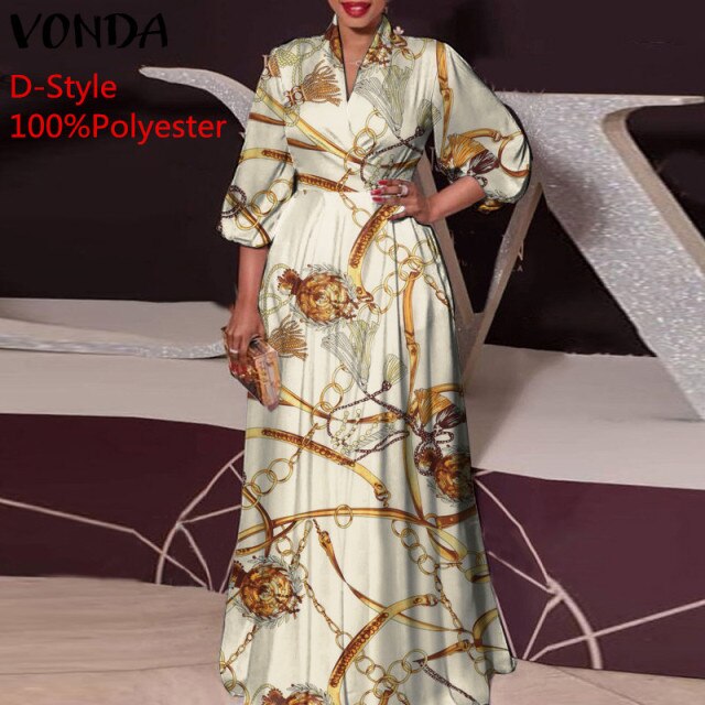 2021 VONDA Women Dress Spring Long Sleeve Party Maxi Long Dress Vintage Leopard Print Party Vestido Oversized Casual Robe Femme