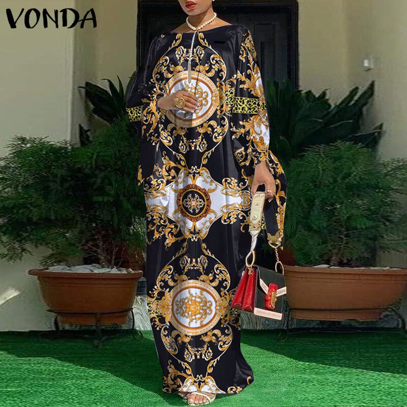 Party Dress 2021 VONDA Ladies Vintage Printed Long Sleeve Maxi Dresses Women Loose Bohemian Vestidos Elegant Party Robe Femme