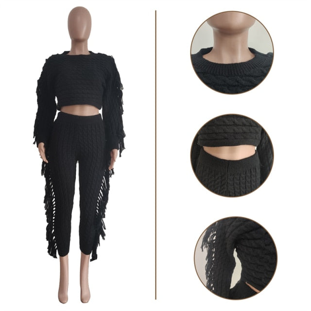 Adogirl Tassel Sweater Two Piece Set 2021 Autumn Winter Women Solid Long Sleeve Crop Top And Pants Rib Knitted Suits Tracksuit