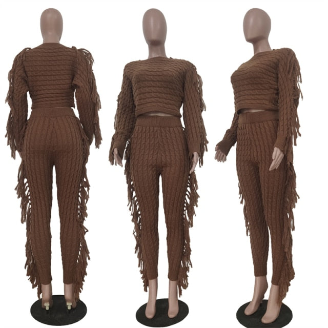 Adogirl Tassel Sweater Two Piece Set 2021 Autumn Winter Women Solid Long Sleeve Crop Top And Pants Rib Knitted Suits Tracksuit