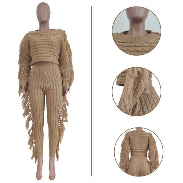 Adogirl Tassel Sweater Two Piece Set 2021 Autumn Winter Women Solid Long Sleeve Crop Top And Pants Rib Knitted Suits Tracksuit