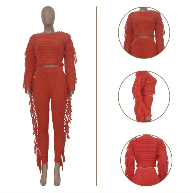 Adogirl Tassel Sweater Two Piece Set 2021 Autumn Winter Women Solid Long Sleeve Crop Top And Pants Rib Knitted Suits Tracksuit