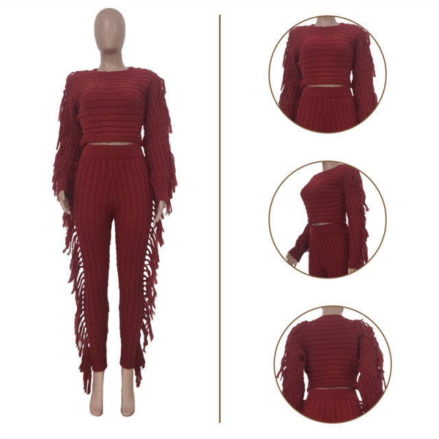 Adogirl Tassel Sweater Two Piece Set 2021 Autumn Winter Women Solid Long Sleeve Crop Top And Pants Rib Knitted Suits Tracksuit