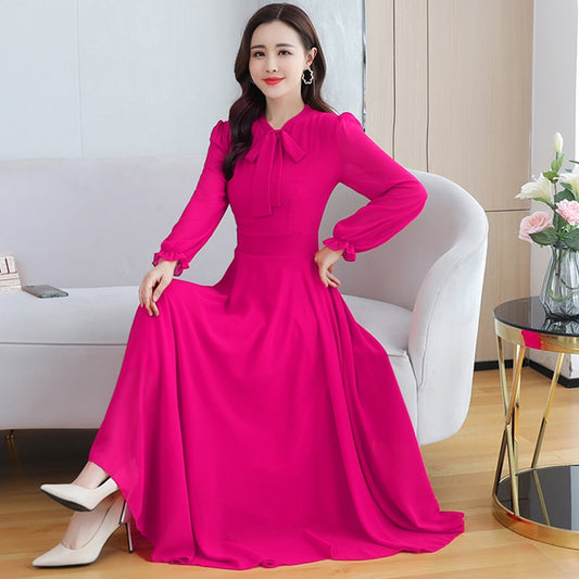 New 6 Colors Solid Chiffon Beach Maxi Dresses 2022 Spring Elegant 4XL Plus Size Long Sleeve Dress  Autumn Women Bodycon Vestidos