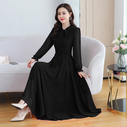 New 6 Colors Solid Chiffon Beach Maxi Dresses 2022 Spring Elegant 4XL Plus Size Long Sleeve Dress  Autumn Women Bodycon Vestidos