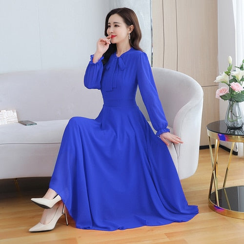 New 6 Colors Solid Chiffon Beach Maxi Dresses 2022 Spring Elegant 4XL Plus Size Long Sleeve Dress  Autumn Women Bodycon Vestidos