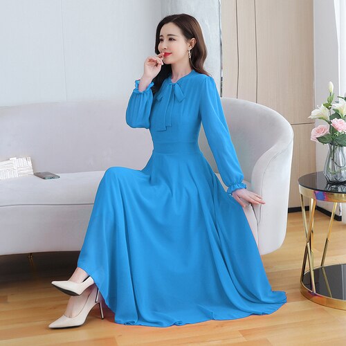 New 6 Colors Solid Chiffon Beach Maxi Dresses 2022 Spring Elegant 4XL Plus Size Long Sleeve Dress  Autumn Women Bodycon Vestidos