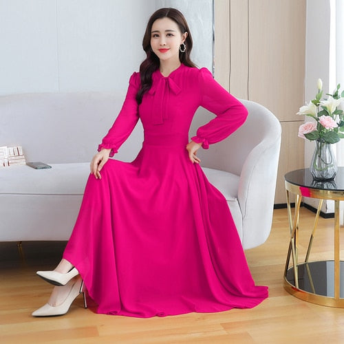 New 6 Colors Solid Chiffon Beach Maxi Dresses 2022 Spring Elegant 4XL Plus Size Long Sleeve Dress  Autumn Women Bodycon Vestidos