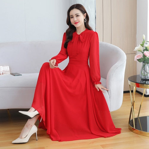 New 6 Colors Solid Chiffon Beach Maxi Dresses 2022 Spring Elegant 4XL Plus Size Long Sleeve Dress  Autumn Women Bodycon Vestidos