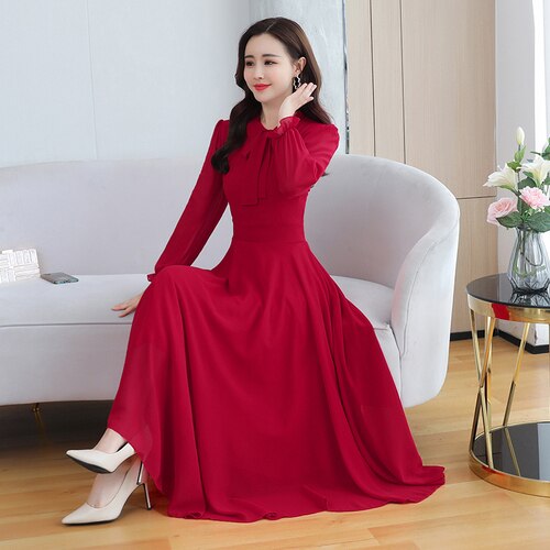 New 6 Colors Solid Chiffon Beach Maxi Dresses 2022 Spring Elegant 4XL Plus Size Long Sleeve Dress  Autumn Women Bodycon Vestidos