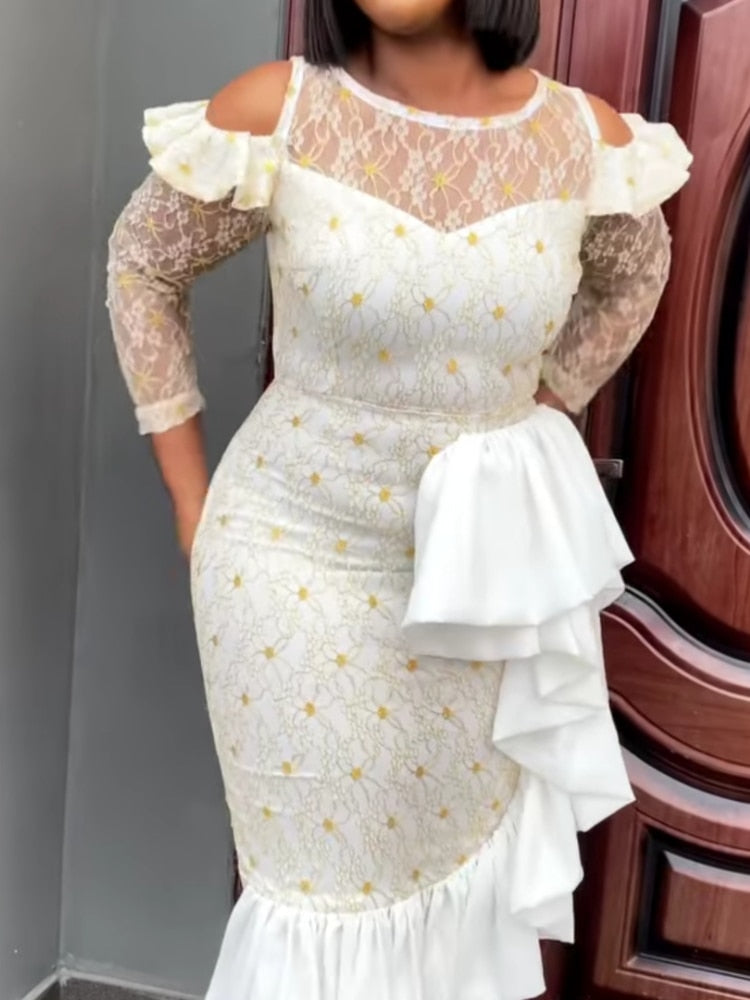 Women White Lace Party Dresses Bare Shoulder See Through Long Sleeve Golden Sheer Elegant Dress Fall 2022 Birthday Outfits XXXL