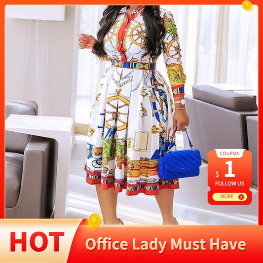 New Spring Long Sleeve Shirt Dress African Print Elegant Office Ladies Tunic Pleated Midi Dresses for Women 2022 Y2K Clothing