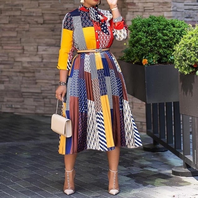 New Spring Long Sleeve Shirt Dress African Print Elegant Office Ladies Tunic Pleated Midi Dresses for Women 2022 Y2K Clothing