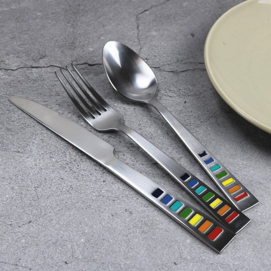 Colorful Enamel 18 / 10 Stainless Steel Steak Knife Fork Spoon Plate Set Western Tableware Three Piece Set Cutlery Dinning Table