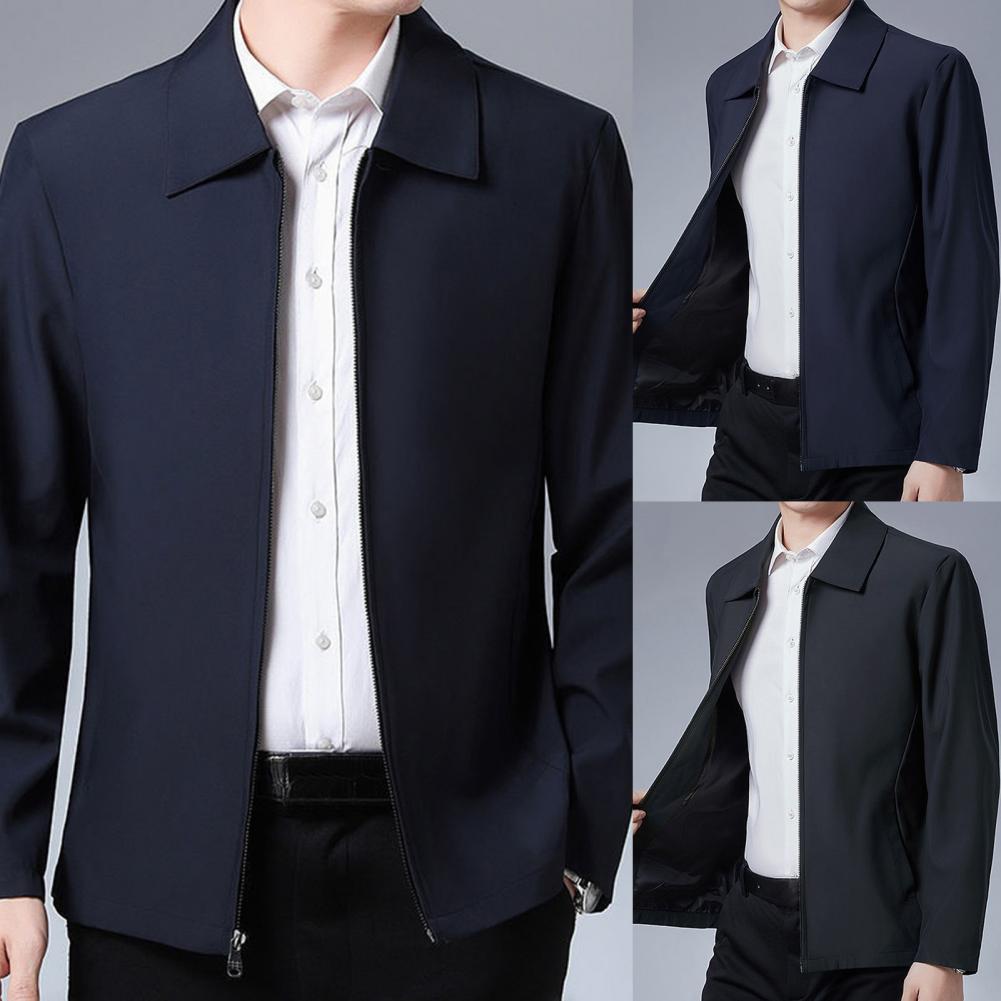 Men&#39;s Coat Smooth Zipper Lapel Collar Solid Color Casual Jackets for Autumn Winter Middle-aged Plus Size Business Overcoat