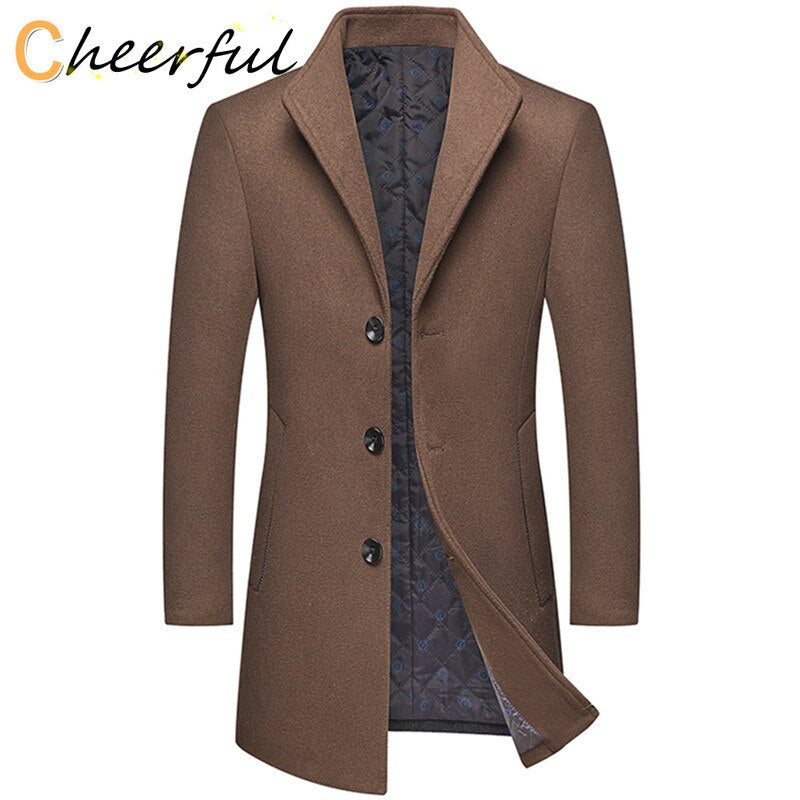 Autumn Winter New Men&#39;s Casual Boutique Long Wool Coat / Male Solid Color Lapel Single Breasted Trench Blends Jacket Windbreaker