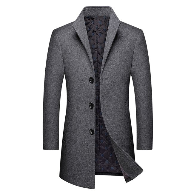 Autumn Winter New Men&#39;s Casual Boutique Long Wool Coat / Male Solid Color Lapel Single Breasted Trench Blends Jacket Windbreaker