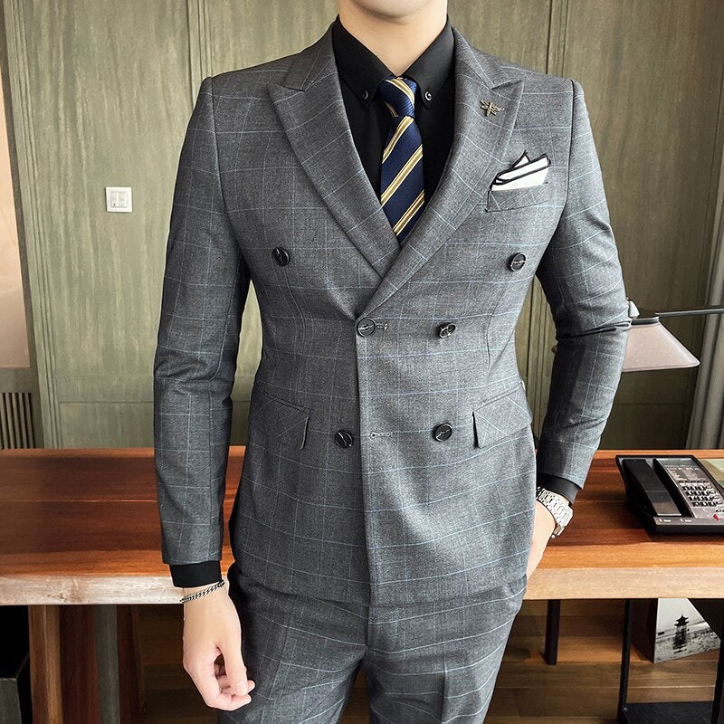 Fashion Men Casual Boutique Slim Fit Suits 3 Pcs Set Double Breasted Blazers for Men