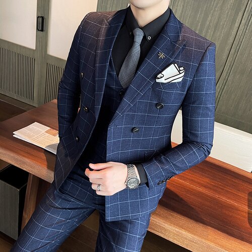 Fashion Men Casual Boutique Slim Fit Suits 3 Pcs Set Double Breasted Blazers for Men