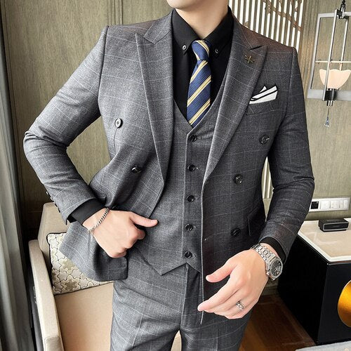 Fashion Men Casual Boutique Slim Fit Suits 3 Pcs Set Double Breasted Blazers for Men