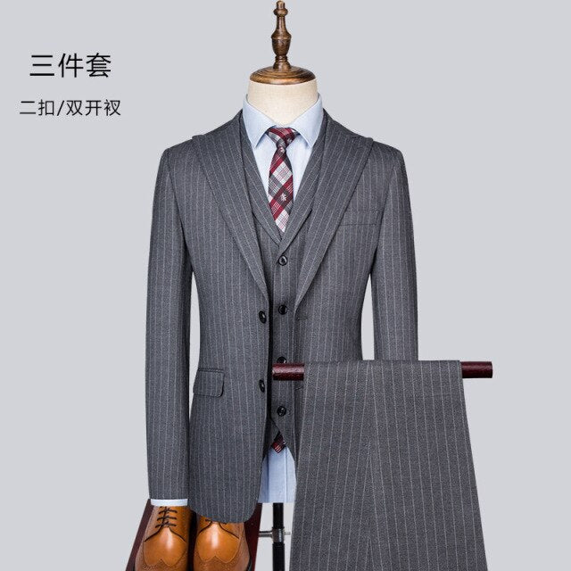 Luxury Men's Suit, New Fashion and Casual Business Stripe 3 Pieces Set Blazers