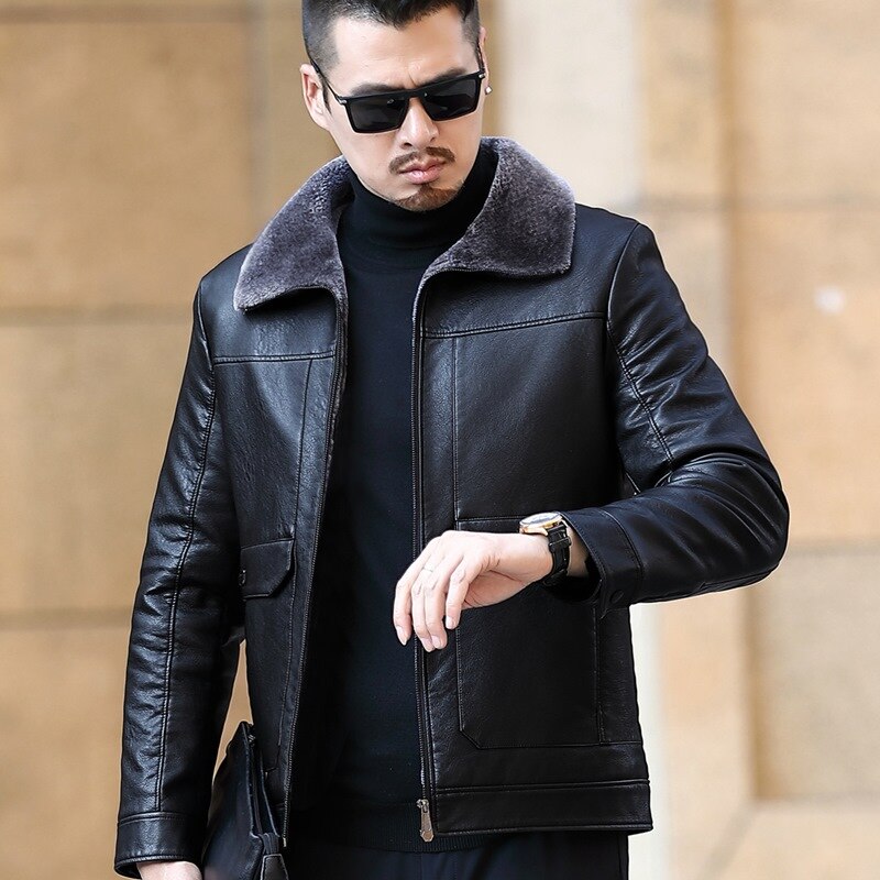 New Russian Winter Leather Jacket Top quality Faux Fur Warm Leather for men