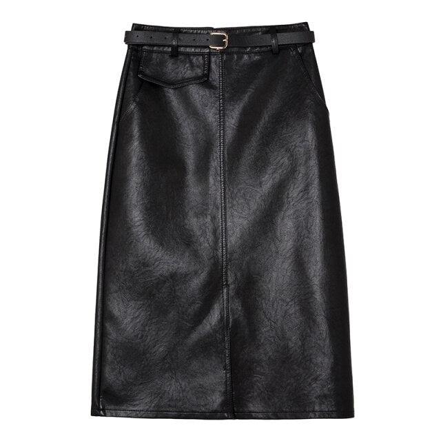 Elegant Black PU Leather Skirt Spring Autumn Front Split Pencil Midi Skirts High Waist Sheath Wrap Skirts with Belt 2021 New