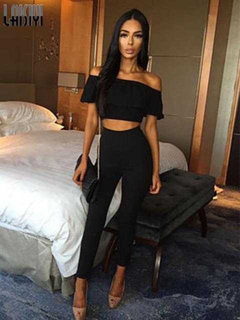 2022 Summer Casual Solid Two Piece Set Sexy Off Shoulders Ruffles Crop Top High Waist 3/4 Leggings Pants Suits Woman Tracksuits