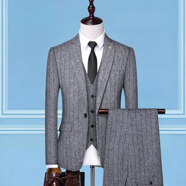 Prom Men&#39;s Business Suit 3PCS Vest Stripe Lates Coat Pants Design Wedding Dress Slim Fit High Quality Smart Casual Male Costume