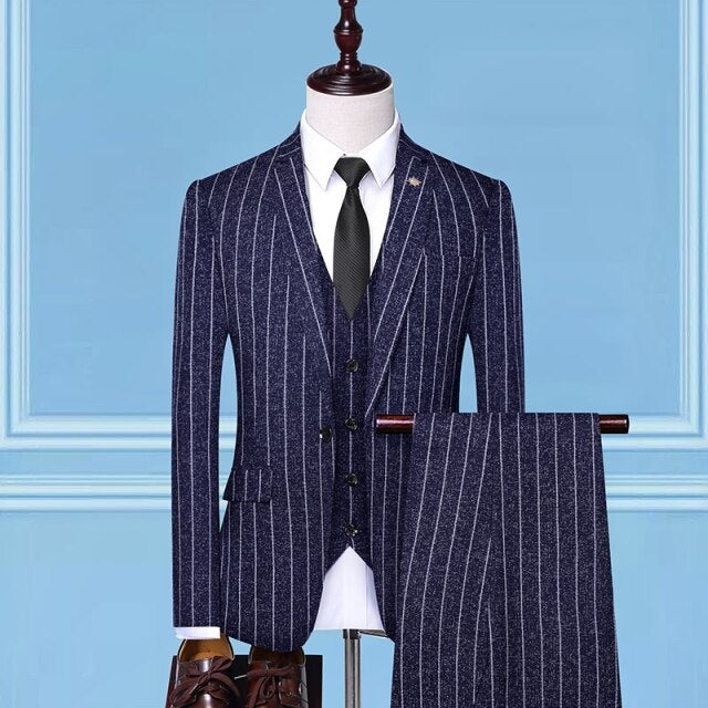 Prom Men&#39;s Business Suit 3PCS Vest Stripe Lates Coat Pants Design Wedding Dress Slim Fit High Quality Smart Casual Male Costume