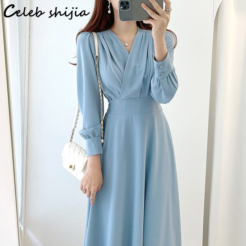 New Spring Elegant Apricot Dress Woman V-neck Long-sleeve Clothing Korean High Waist Vestido Dress Female Business Bodycon 2022