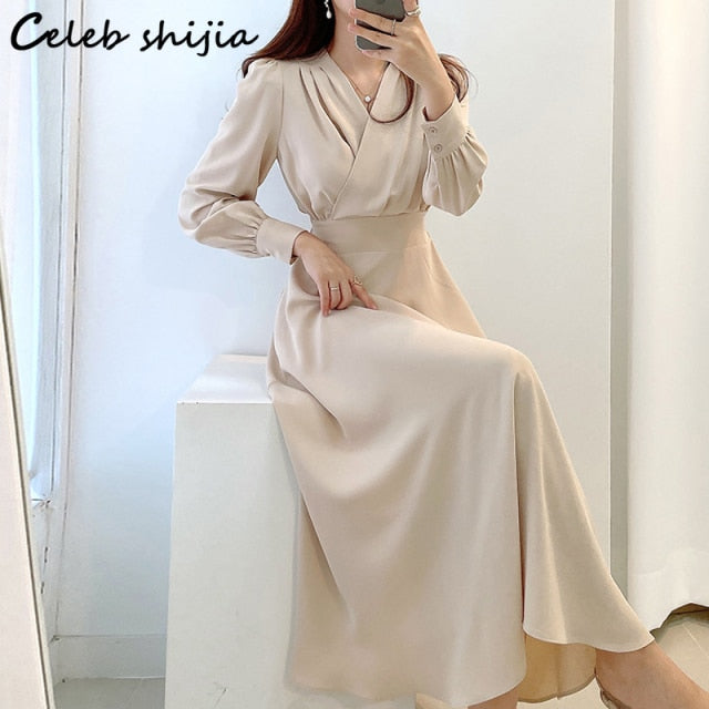 New Spring Elegant Apricot Dress Woman V-neck Long-sleeve Clothing Korean High Waist Vestido Dress Female Business Bodycon 2022