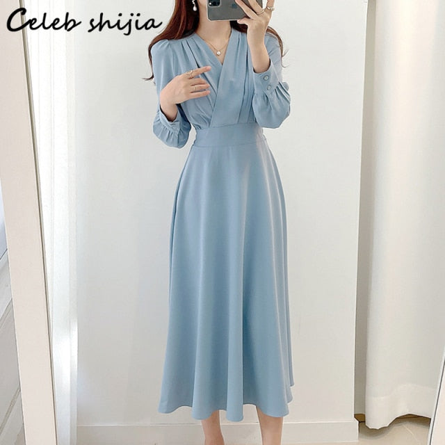 New Spring Elegant Apricot Dress Woman V-neck Long-sleeve Clothing Korean High Waist Vestido Dress Female Business Bodycon 2022