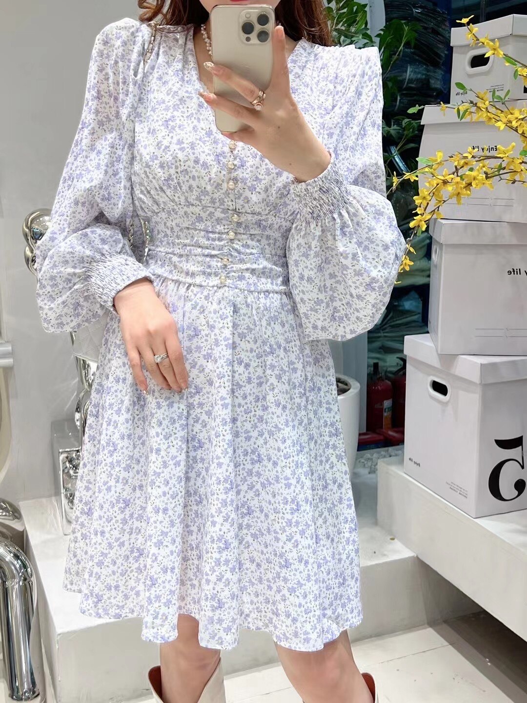 Casual Women&#39;s Dresses V Neck Floral Print Sundress Spring Fall Knee Length Elegant French Style Female Clothing