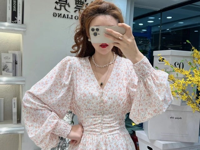 Casual Women&#39;s Dresses V Neck Floral Print Sundress Spring Fall Knee Length Elegant French Style Female Clothing