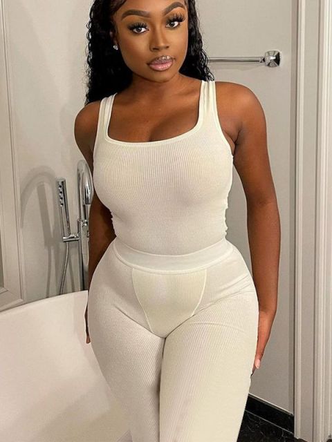 Ribbed Knitted Women 2 Piece Set Gym Crop Tank Top Leggings Set Casual Streetwear Sporty Tracksuit 2021 Summer Active Wear